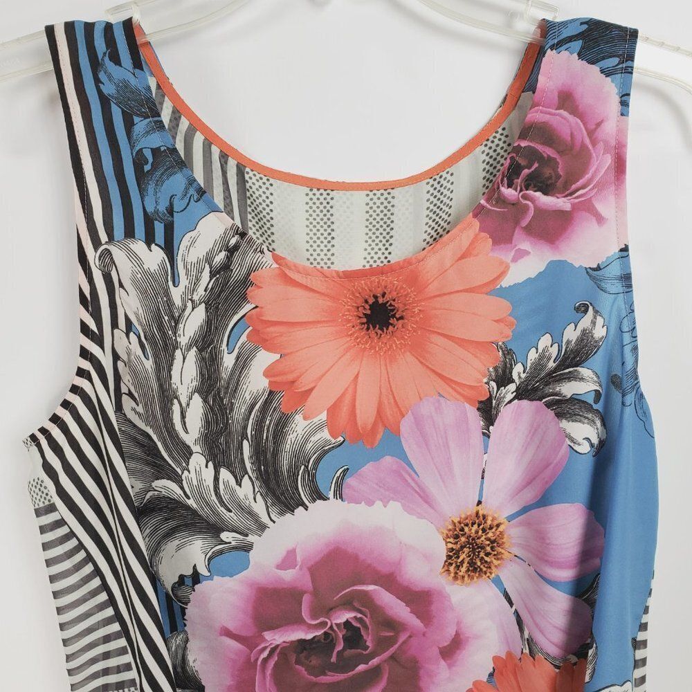 Sleeveless High-Low Flowy Top With Bold Florals and B&W Stripes Sz M - Picture 8 of 11